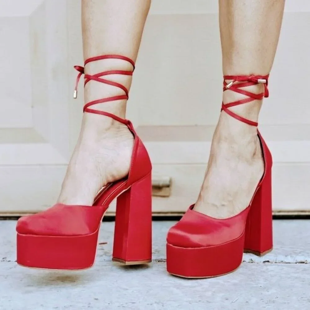 Womens Satin Platform Chunky Lace Up Heels Red Color